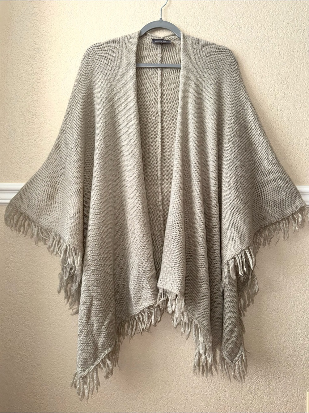 Wooden Ships Mohair Wool Blend Wrap Poncho Open Knit Fringe Cream Neutral S / M